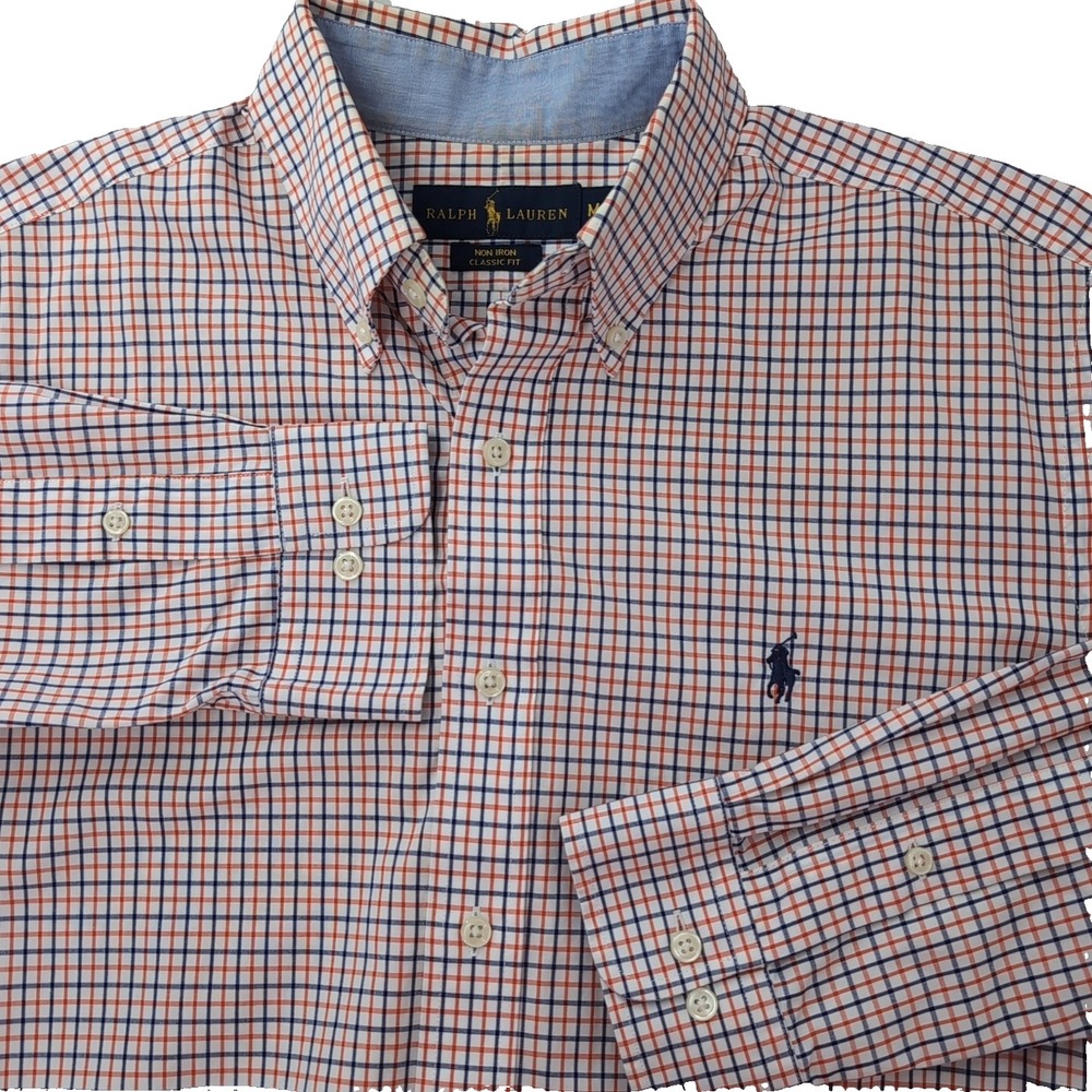Ralph Lauren Blue Label Non Iron Classic Fit Shirt Orange Navy Blue Check Medium